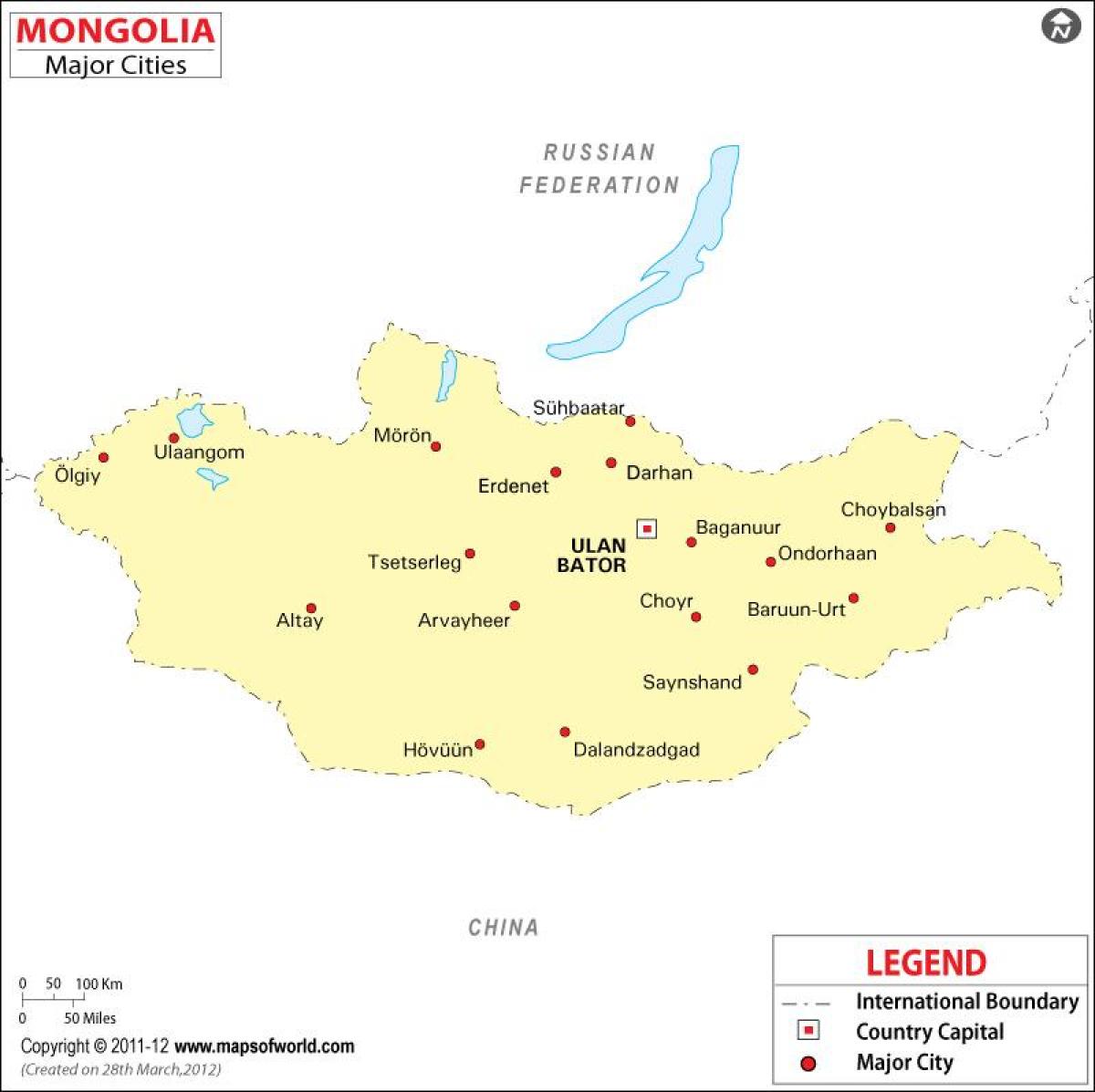 Mongolia mapa na may mga lungsod